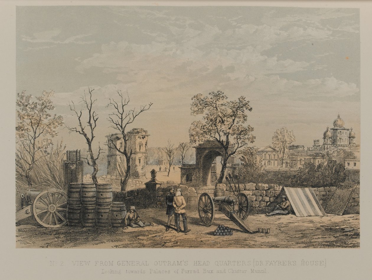 Utsikt från General Outrams huvudkvarter [Dr Fayrers hus]. Med blick mot palatsen Furrad Bux och Chuttur Munzil av David Scott Lieutenant Colonel (after) Dodgson