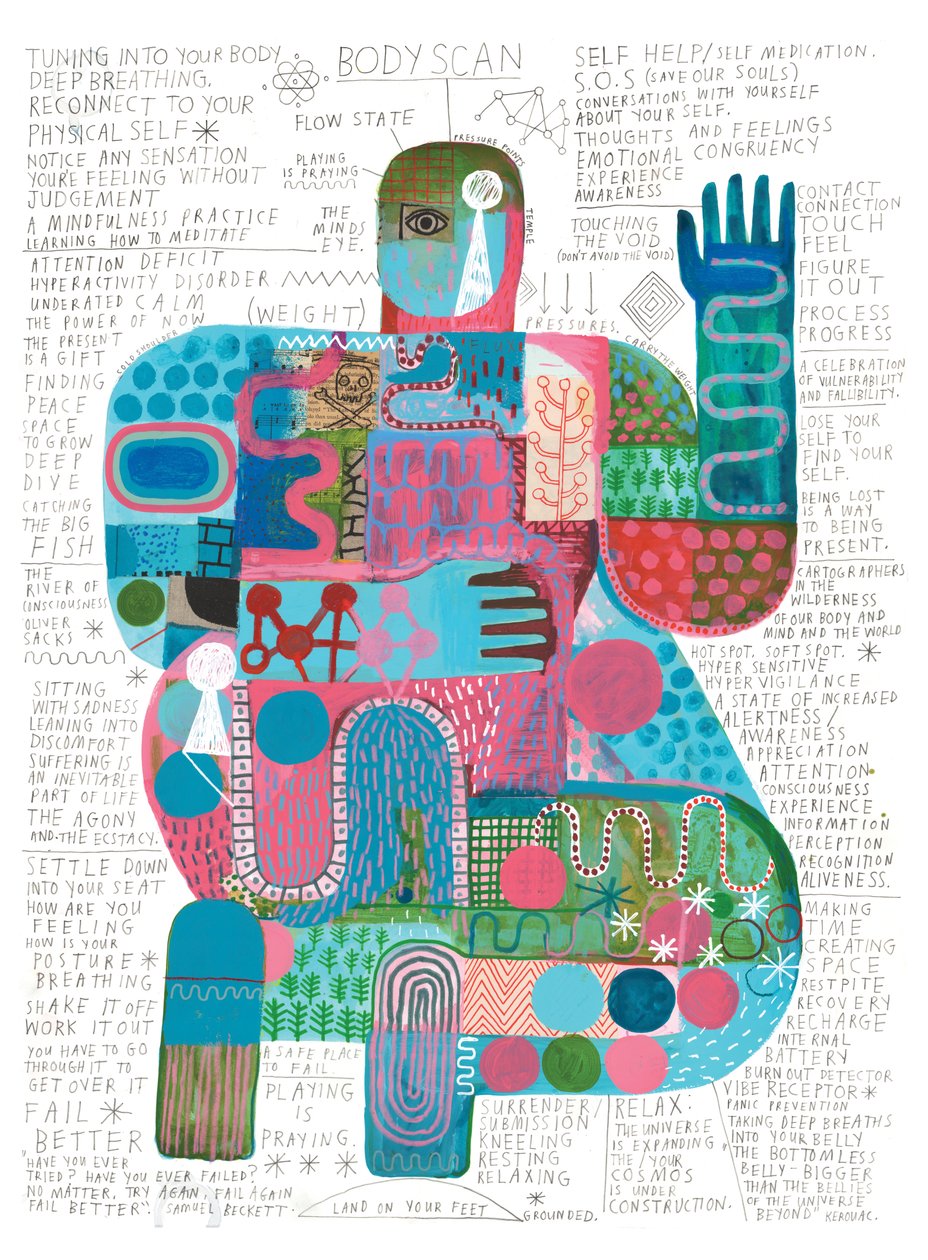 Body Scan, 2023 (akryl och blyerts på papper) av David Shillinglaw