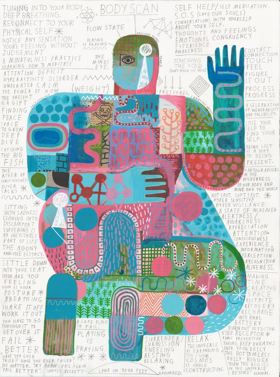 Body Scan 4, 2023 (akryl och penna på papper) av David Shillinglaw