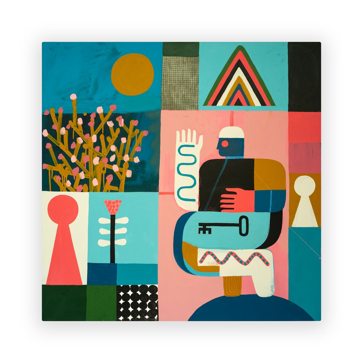 Climbing The Molecular Mountain, 2023 (måla och collage på duk) av David Shillinglaw