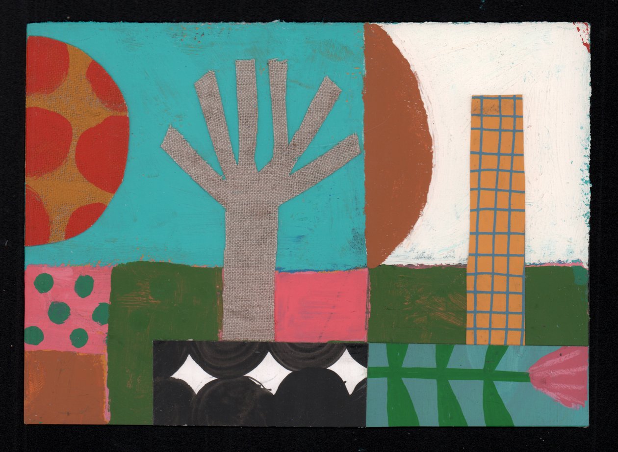 Fruit Tree Sundowner, 2023 (färg och collage) av David Shillinglaw