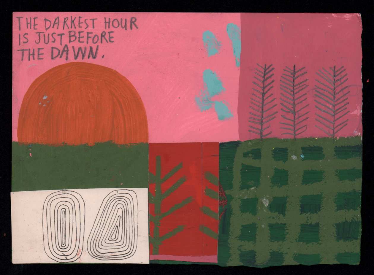 The Darkest Hour Is Just Before The Dawn, 2023 (målning och collage) av David Shillinglaw
