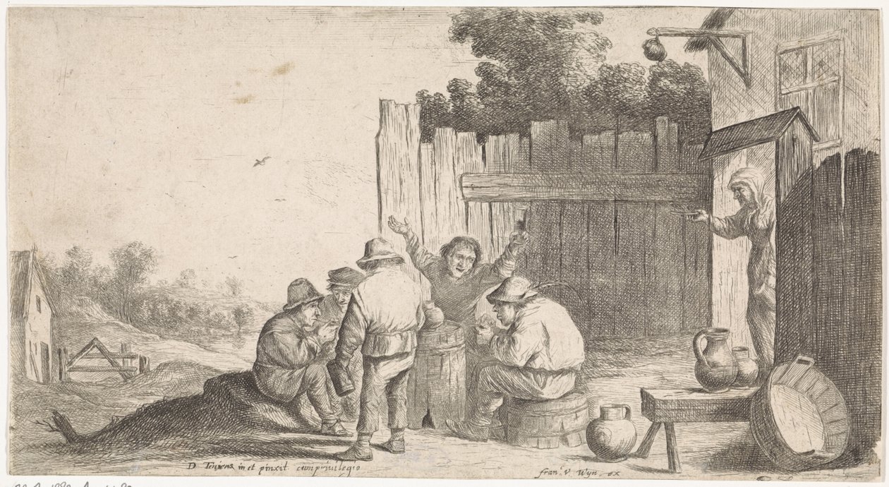 Fem bönder runt ett ton Genrescener i det fria (serietitel) av David Teniers (II) (attributed to workshop of)