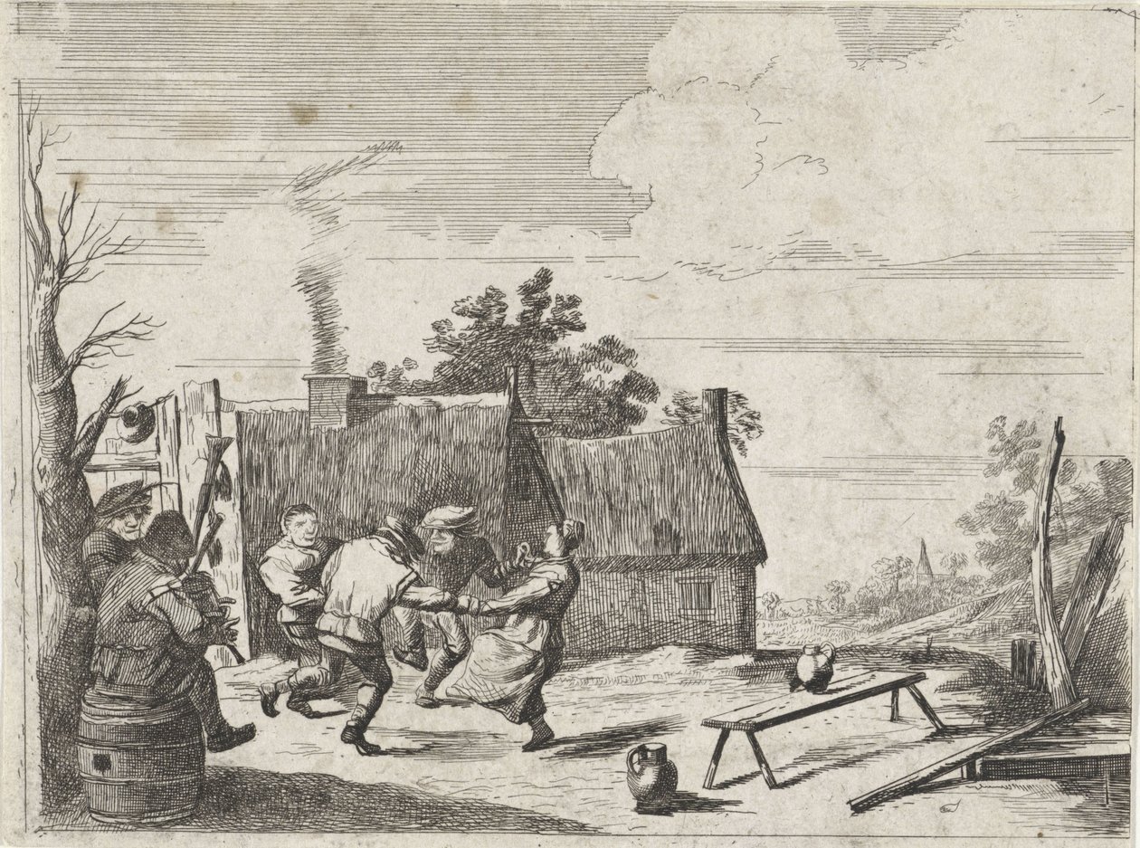 Dansande bönder till två musikers musik av David Teniers (II)