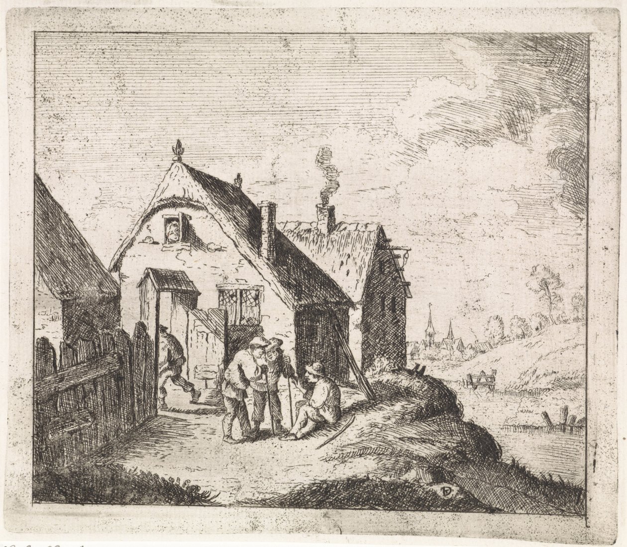 Tre män pratar vid ett hus av David Teniers (II)