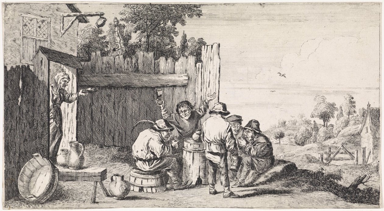 Fem bönder runt ett ton Friluftsgenrescener (serietitel) av David Teniers (II)