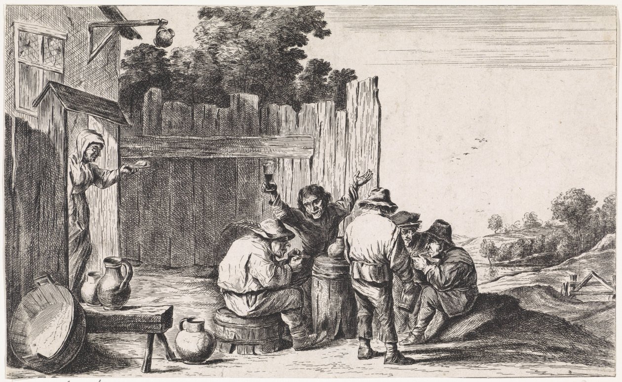 Fem bönder runt ett ton Friluftsgenrescener (serietitel) av David Teniers (II)