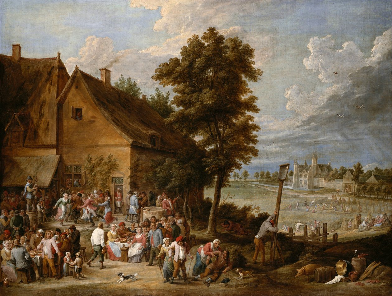 En festmåltid vid skördetid, med huset Drij Toren i bakgrunden av David Teniers the Younger