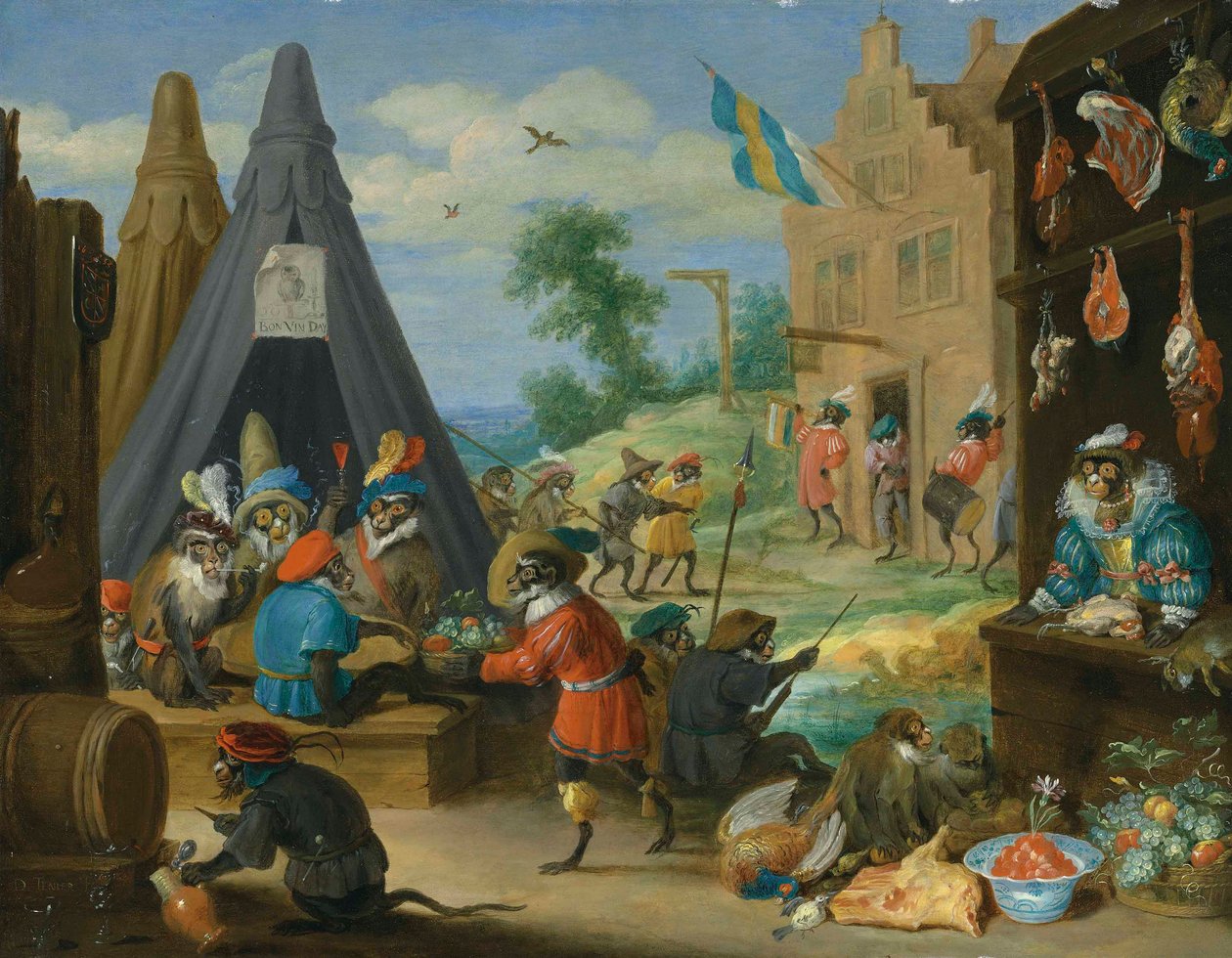 En festival för apor (apor utklädda till soldater i ett läger nära en stad) av David Teniers the Younger