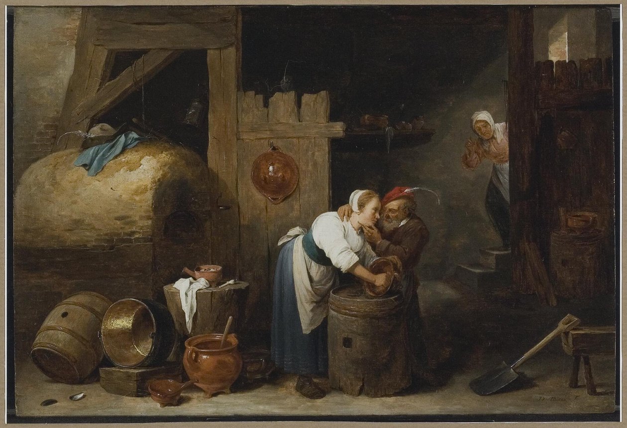 Interiör med en ung kvinna som skrubbar krukor medan en gammal man bekymrar sig om henne av David Teniers the Younger