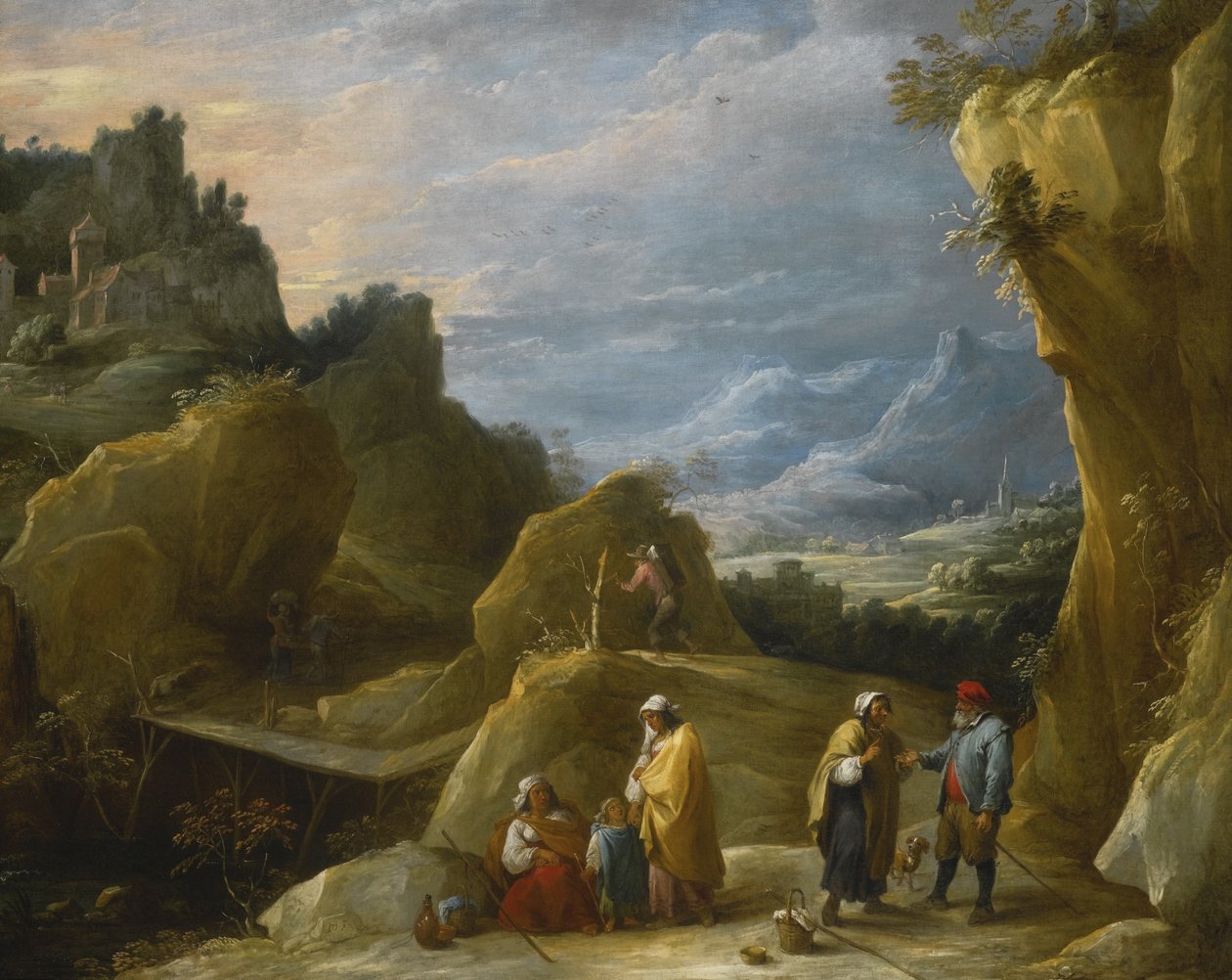 Bergslandskap med en zigensk spåkvinna av David Teniers the Younger