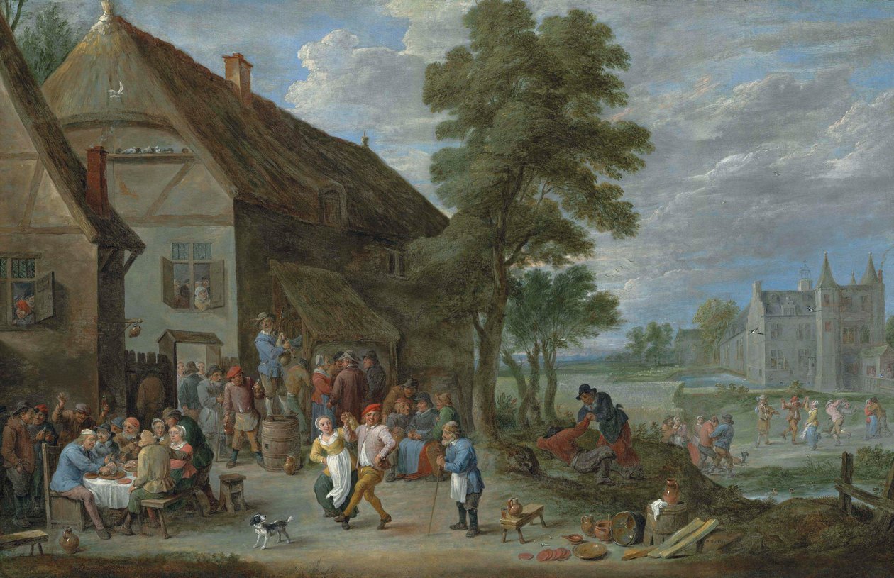 Bönder dansar utanför ett värdshus i Perck, med Kasteel de Drij Toren bortom av David Teniers the Younger