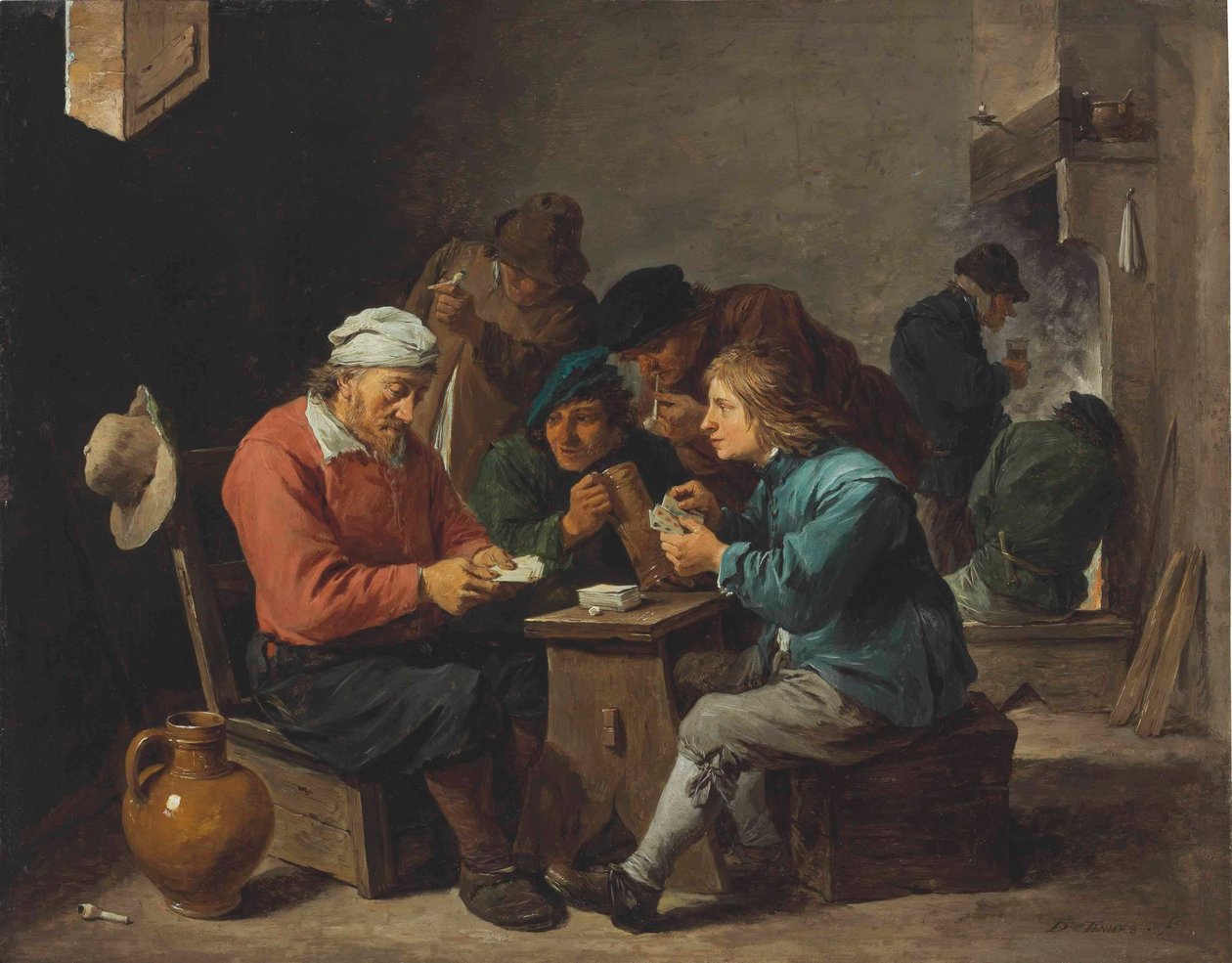 Bönder som spelar kort i en interiör av David Teniers the Younger