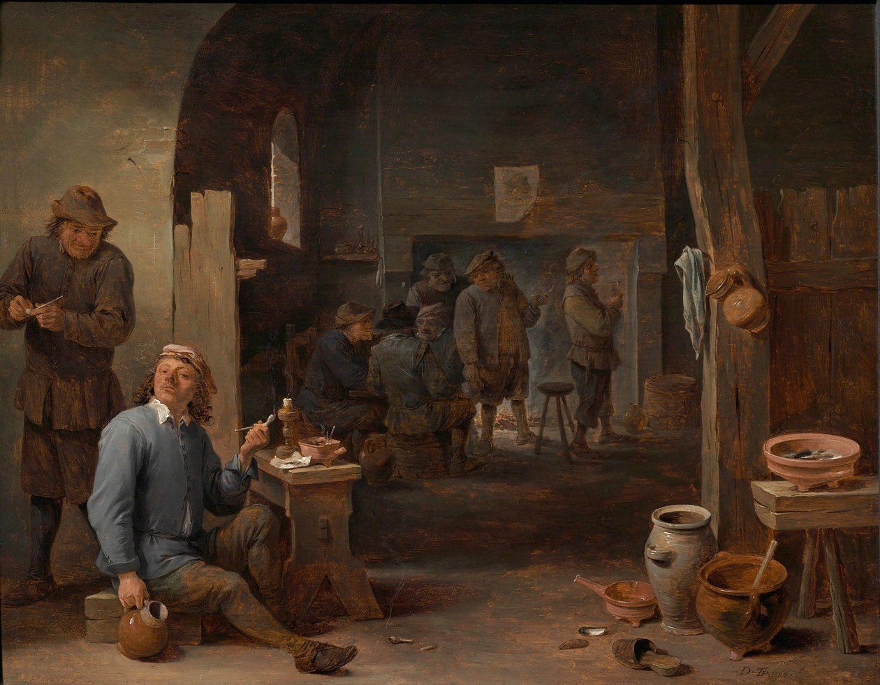 Interiör av ett värdshus med bönder som röker vid ett bord och samtalar framför en eld av David Teniers the Younger