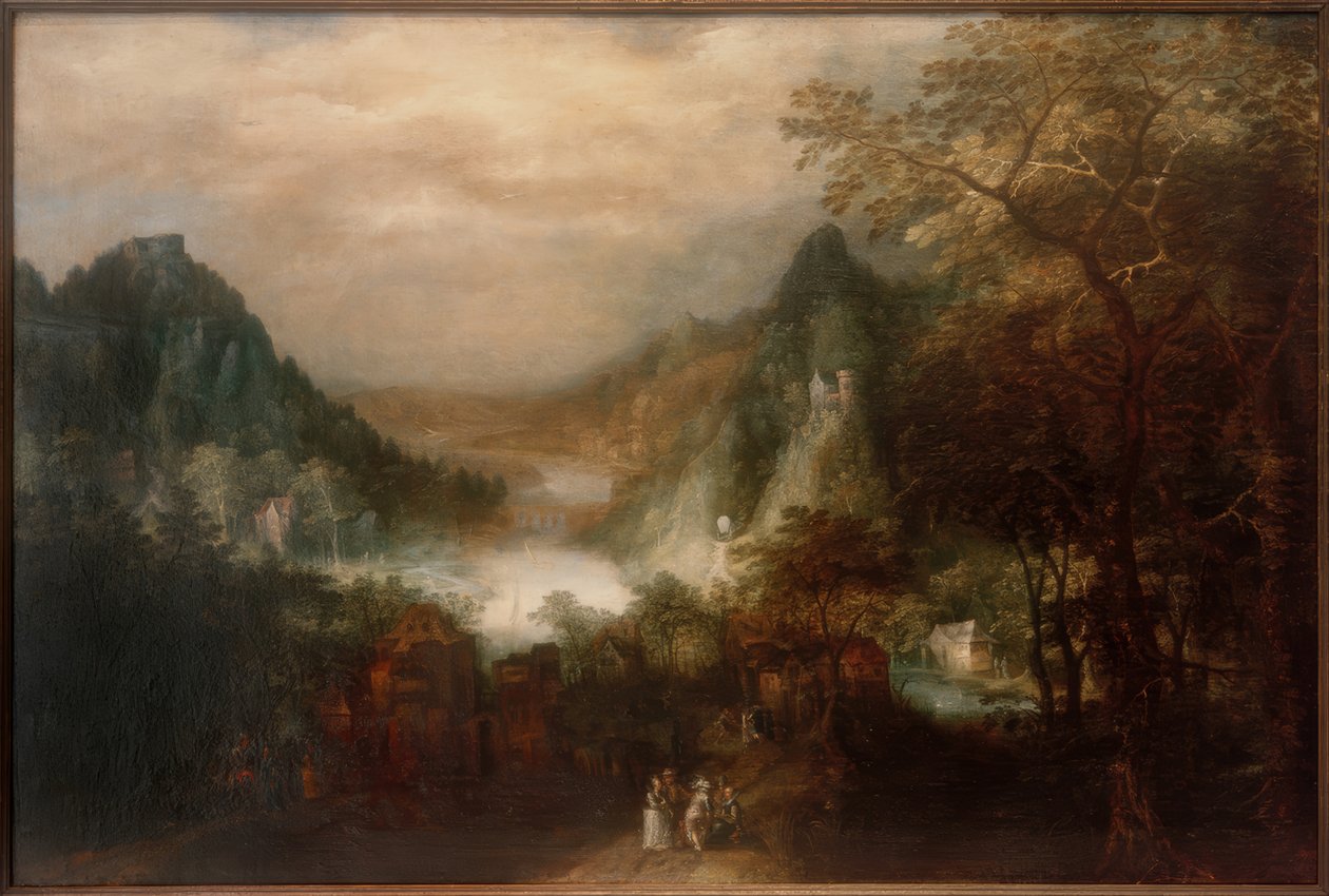 Bergsflodlandskap med eleganta figurer av David Vinckeboons