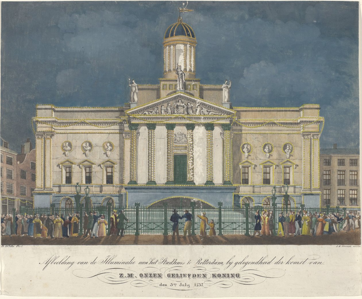 Bild av Illuminati från Stadshuset i Rotterdam, med anledning av ankomsten av H.M. vår älskade kung den 3 juli 1837 (titel på objekt) av David Welle