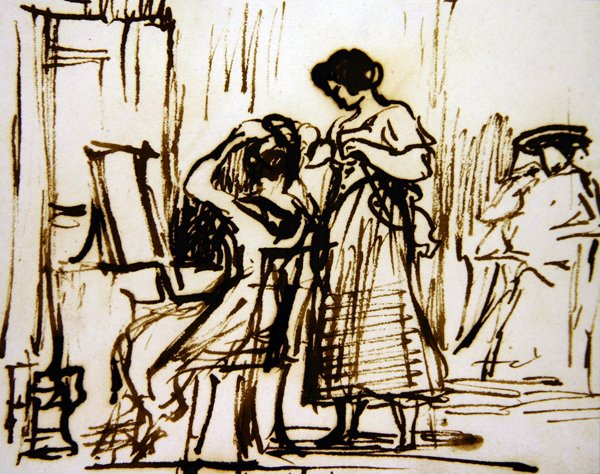 En interiör med en kvinna som klär hennes hår (bläck på papper) av David Wilkie