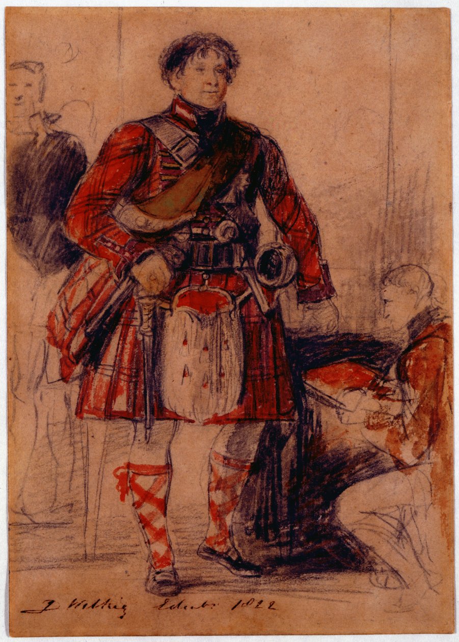 George IV i höglandsdräkt vid Holyrood Palace, 1822 (krita och wc på papper) av David Wilkie