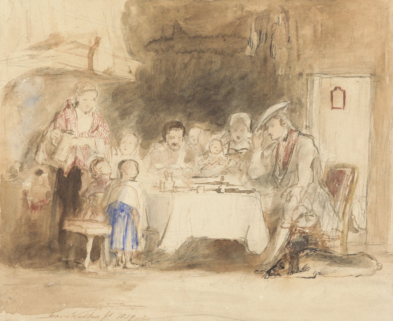 Grace before Meat, 1839 (wc med penna och bläck över grafit på papper) av David Wilkie