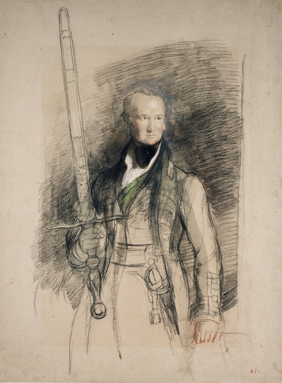 The Earl of Morton bär statens svärd, 1824 (svart och röd krita med wc och kroppsfärg på gråaktigt papper) av David Wilkie