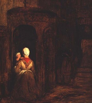 Kvinna med en baby som knäböjer på en biktstol av David Wilkie