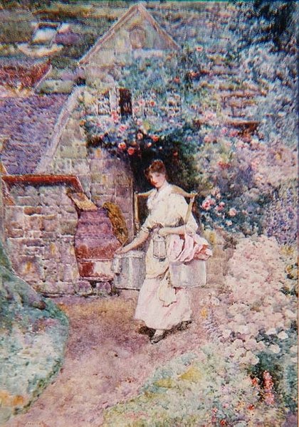 The Milkmaid, or An Old Surrey Cottage (akvarell) av David Woodlock