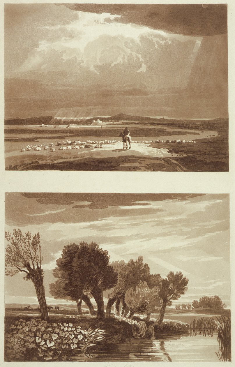 An Effect after a storm... and Transient Effect, View in Battersea Marsh, illustrationer från A Treatise on Landscape and Effect in Water Colours, 1841 (akvatint) av David after Cox