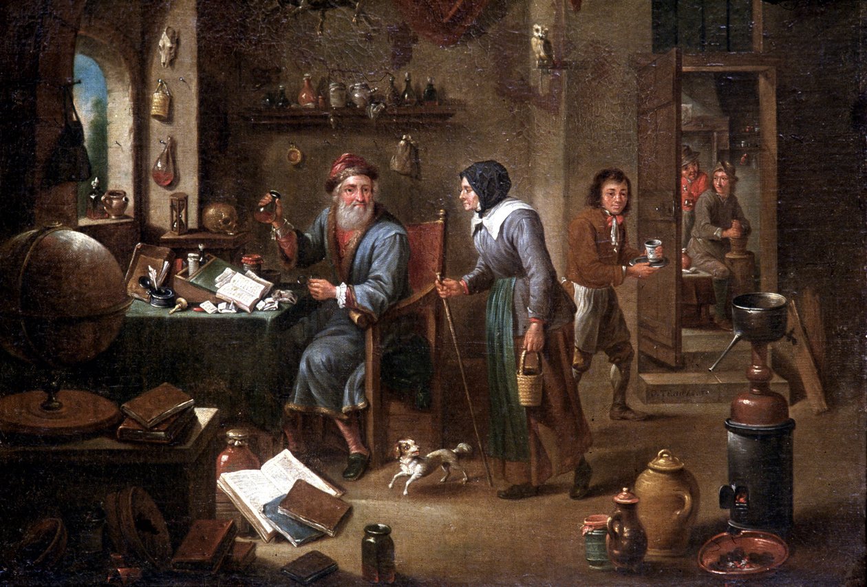 Alkemistens kontor (olja på duk) av David the Elder Teniers