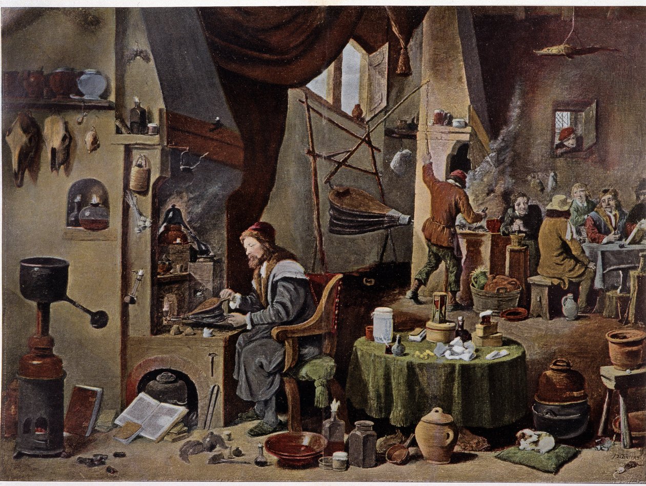 Ett alkemistlaboratorium på 1600-talet - enligt målningen av David Téniers den yngre av David the Younger (after) Teniers