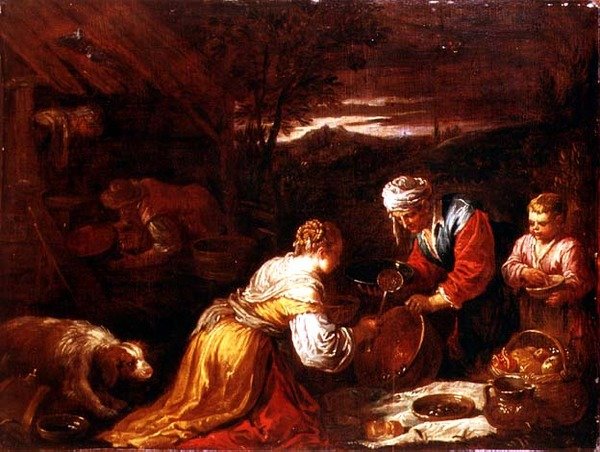 Bönder lagar mat utanför en stuga, ett vidsträckt landskap bortom av David the Younger (attr. to) Teniers