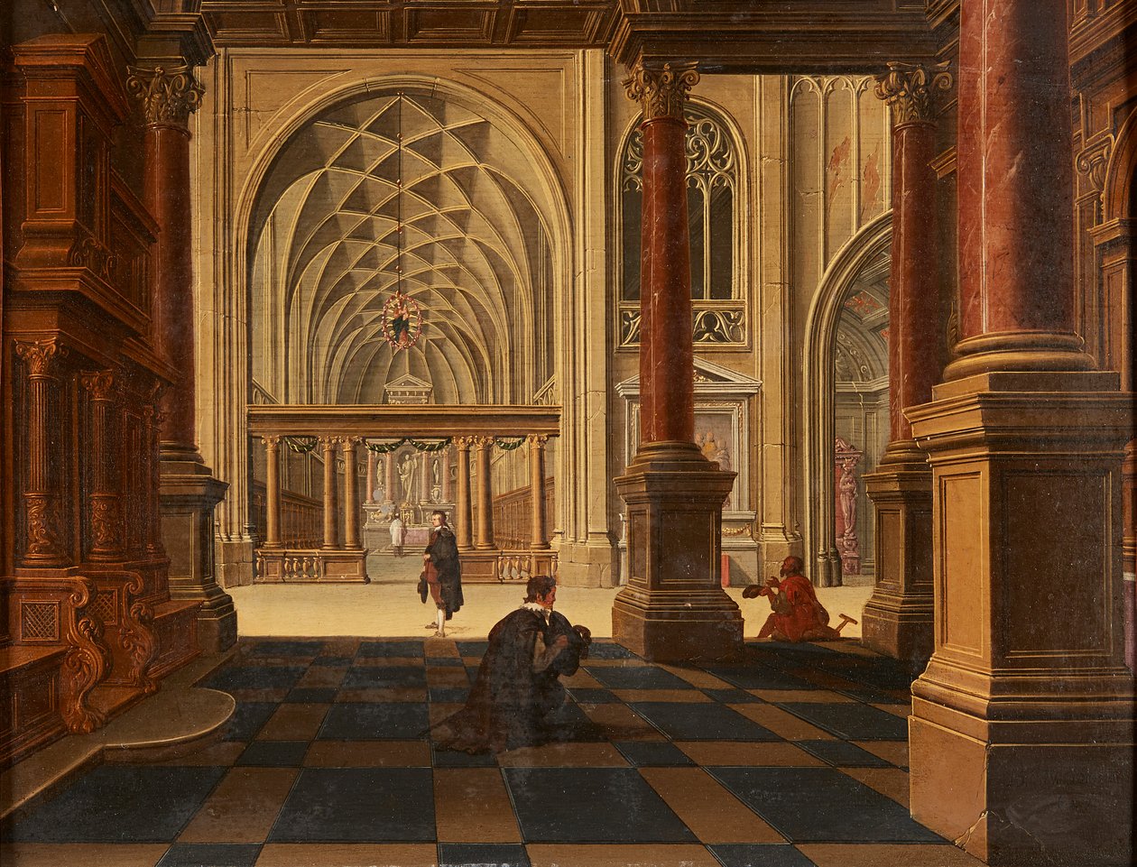 Figurer som samtalar på en stig, slottsruiner bortom (olja på panel) av David the Younger (follower of) Teniers