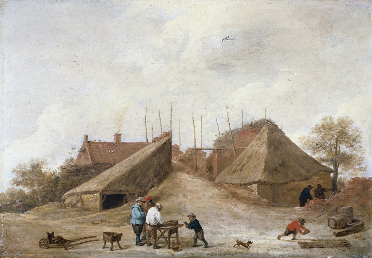 En gård med figurer runt ett bord av David Teniers the Younger