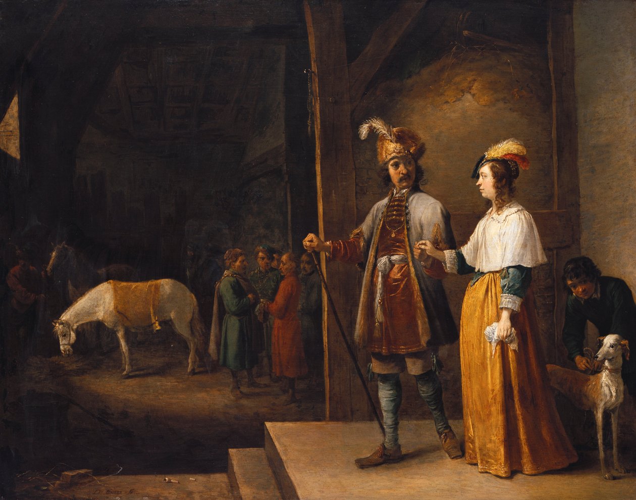 En dam och en gentleman går in i ett stall av David Teniers the Younger