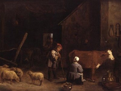 En herdepojke pratar med en mjölkpiga i en ladugård av David Teniers the Younger