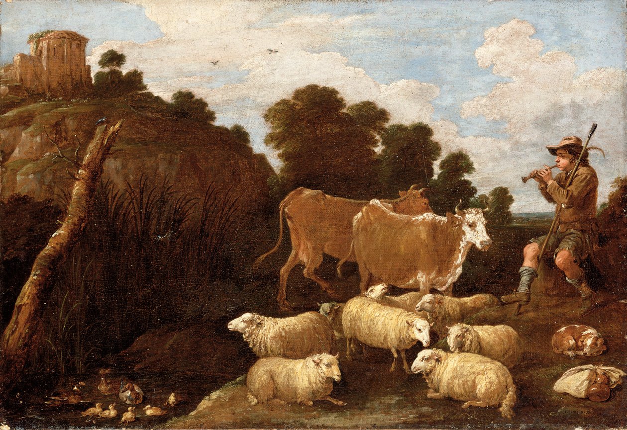 Ett flodlandskap med en herde som spelar en pipa med klassiska ruiner på en kulle bortom av David Teniers the Younger