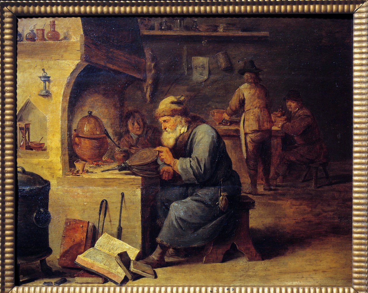 En alkemist. Målning av David Teniers II kallad David Le Jeune (1610 - 1690), Ec. Flamma av David Teniers the Younger
