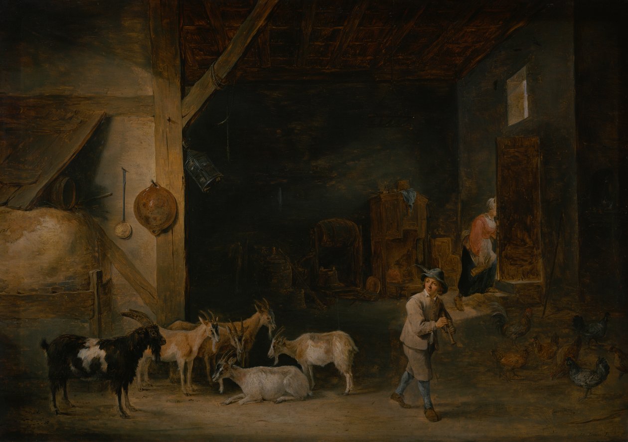 Ladugård med getter och en pojke som spelar blockflöjt, ca 1640-45 av David Teniers the Younger
