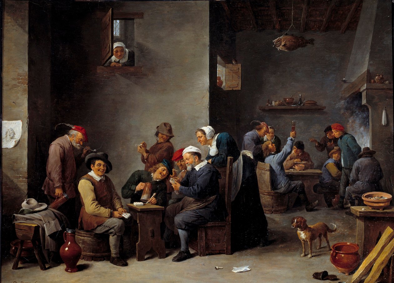 Cabaret interiör. Kortspelet. David Teniers II sa The Younger (1610 - 1690) Ec. Flamma. av David Teniers the Younger
