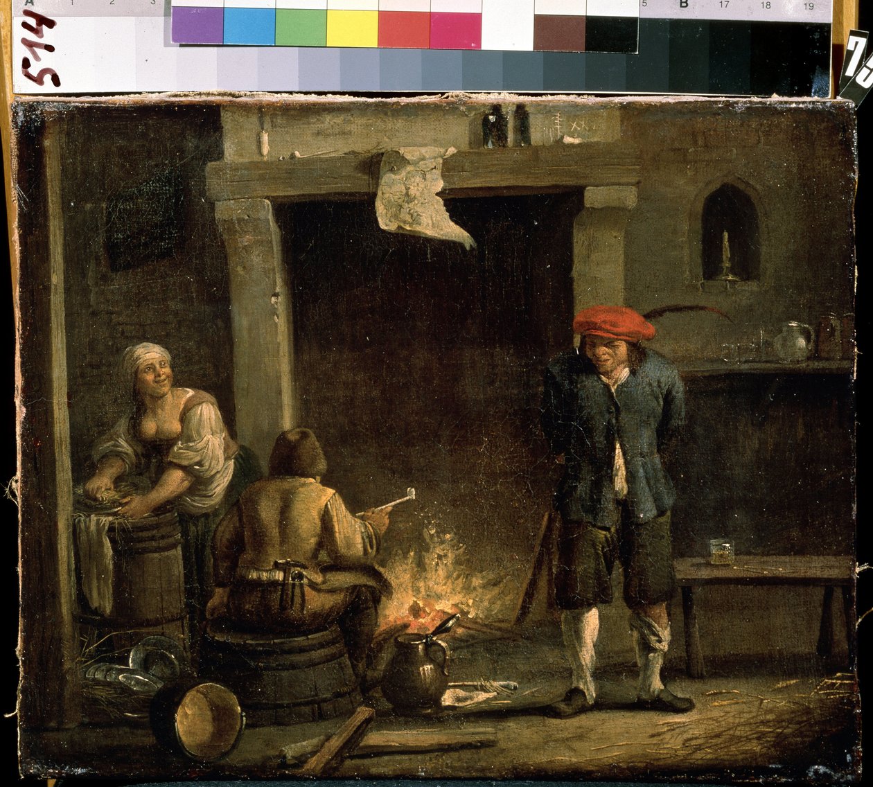 Framför eldstaden (Vid ugnen). Målning av David Teniers den yngre (1610-1690). Olja på trä, 32 x 53 cm av David Teniers the Younger