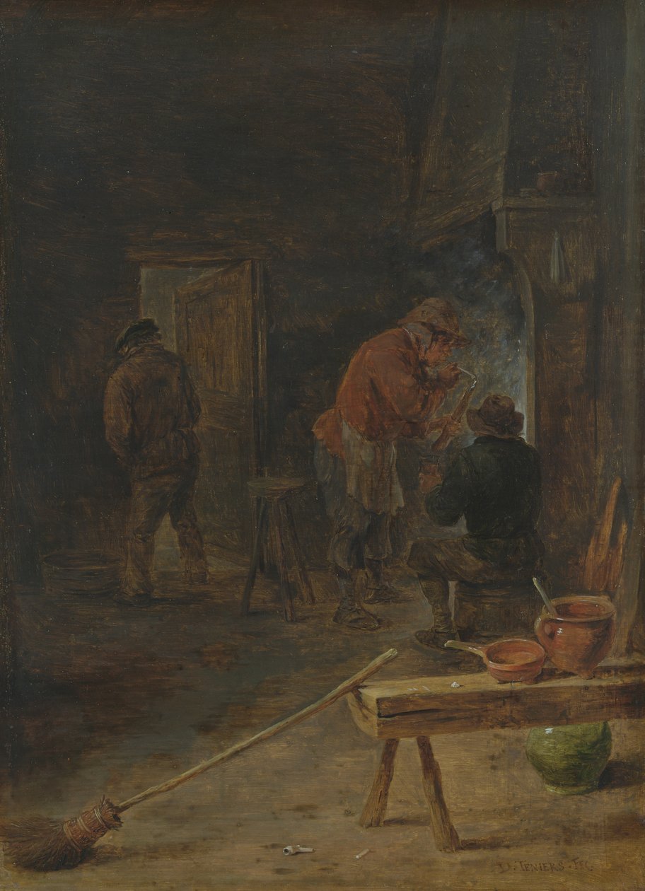 Bönder runt en öppen spis av David Teniers the Younger