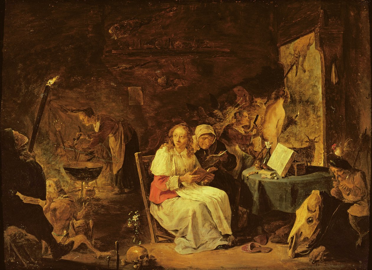 Incantationsscen (olja på koppar monterad på masonit) av David Teniers the Younger