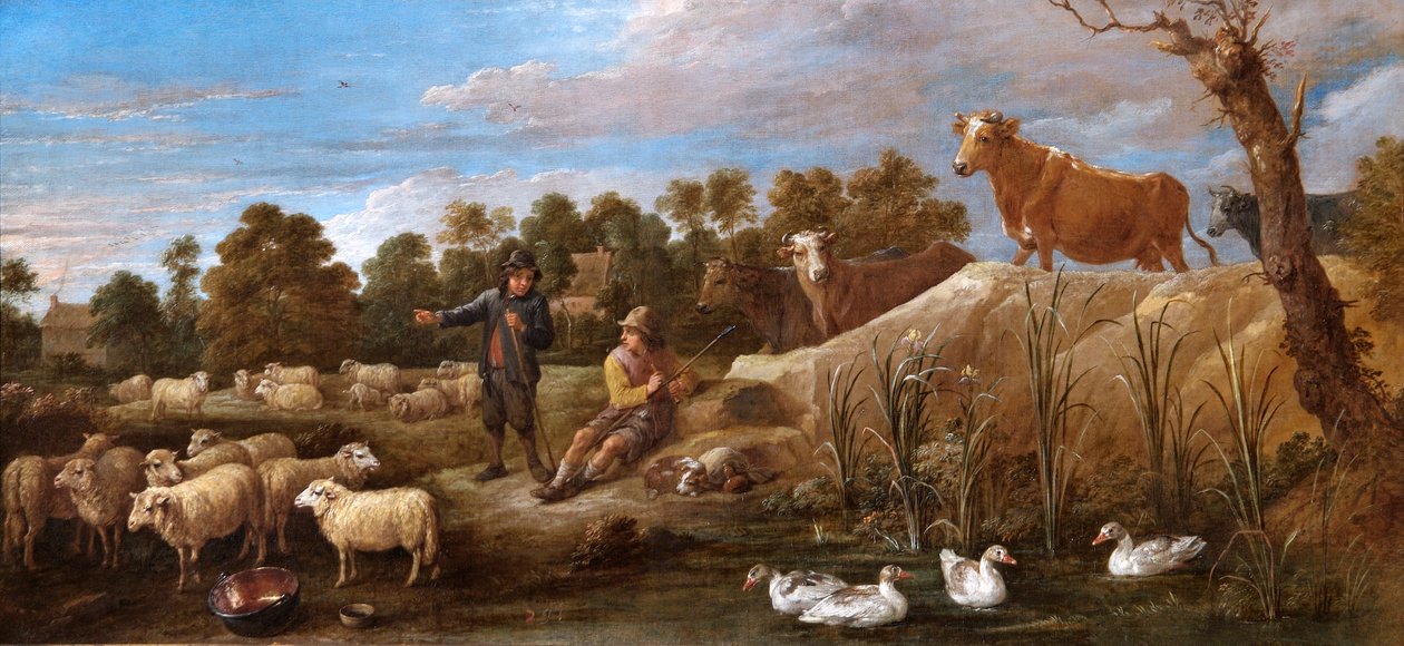 Landskap med två herdar, boskap och ankor (olja på duk) av David Teniers the Younger
