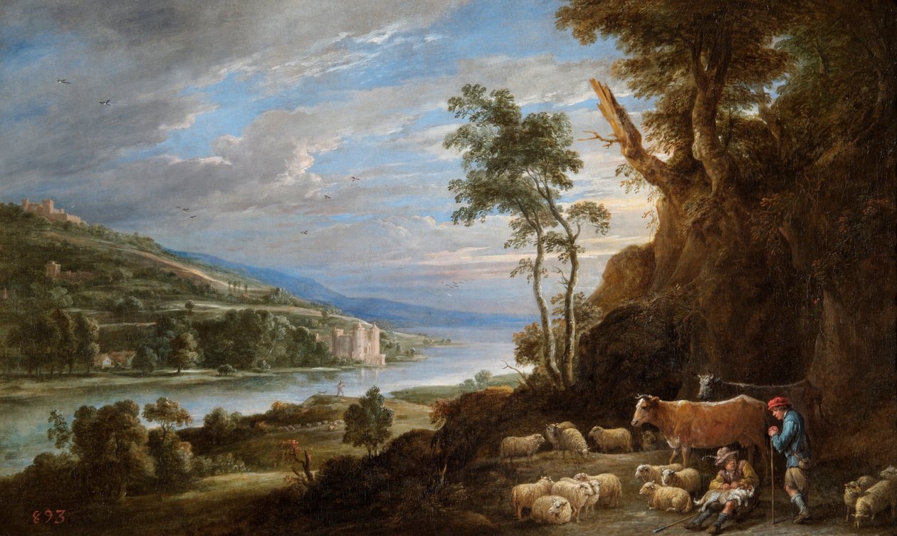 Landskap med herdar och en avlägsen utsikt över ett slott (olja på duk) av David Teniers the Younger