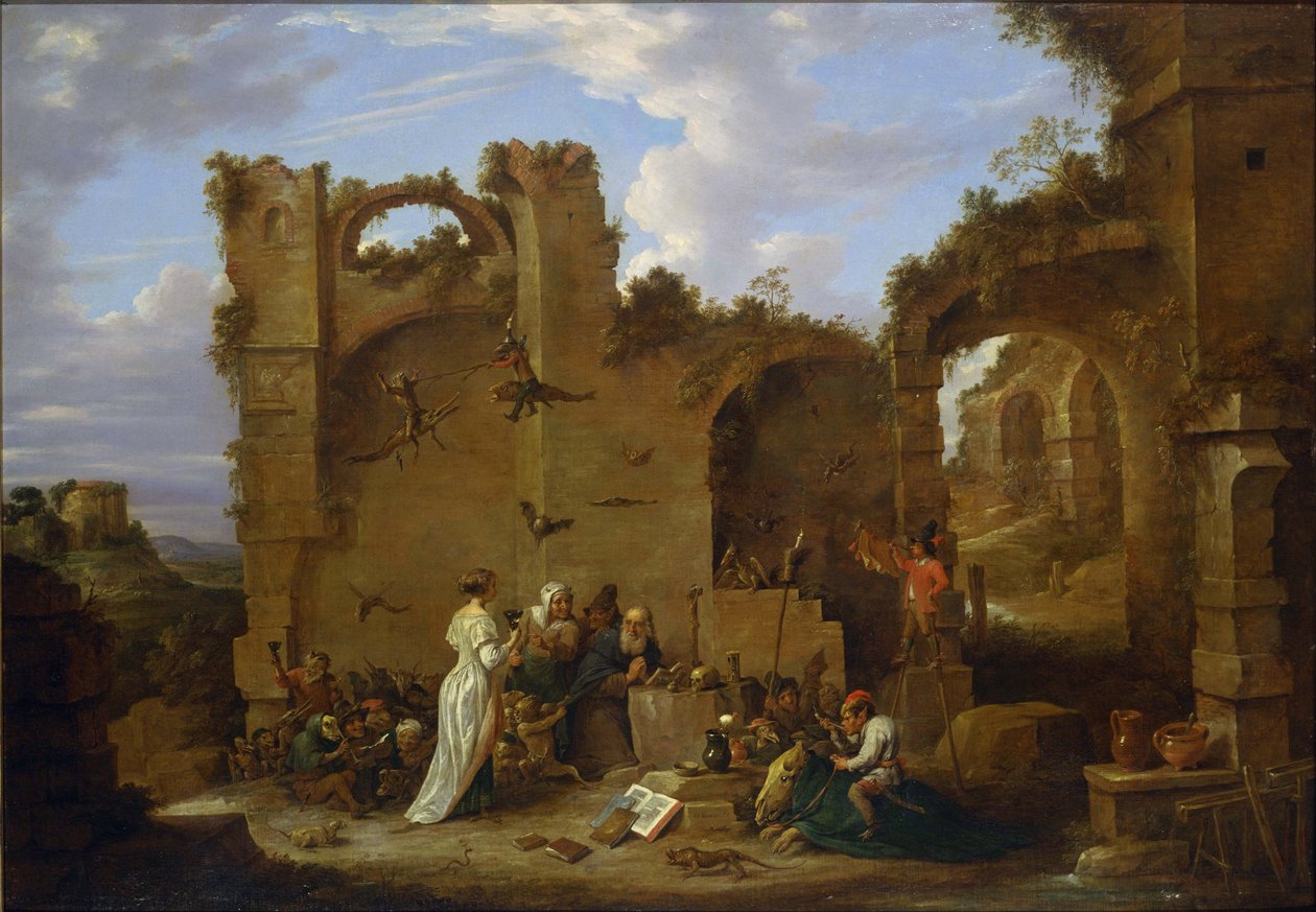 ""The Temptations of Saint Anthony"" Eremiten Saint Anthony the Great (251-356) (eller Saint Anthony the Eremit eller Saint Anthony the Abbot) led av djävulens frestelser i öknen. Målning av David Teniers den yngre (1610-1690) National Museum of Western Ar av David Teniers the Younger