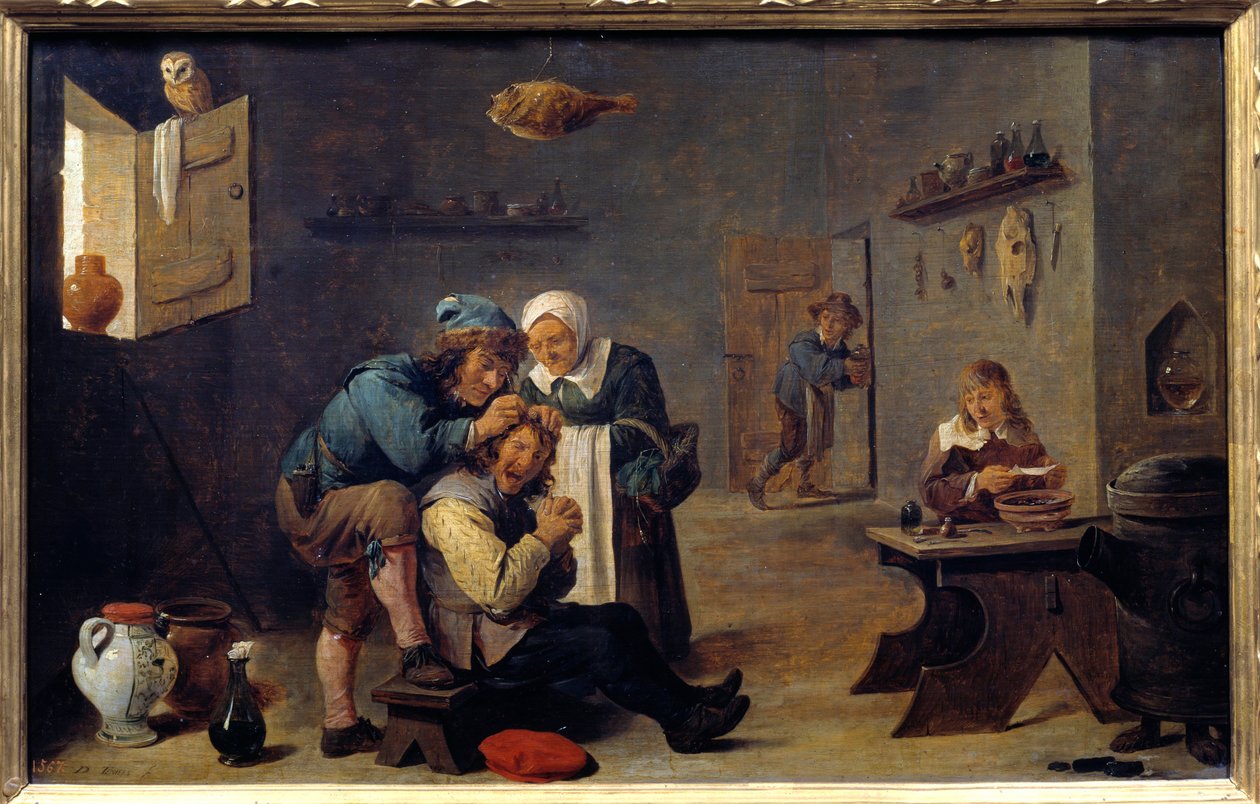 Medicin: "" Den kirurgiska operationen"" Målning av David Teniers II den unge (1610-1690) (ec.flam.) Sön. 0,33x0,25 m Madrid, Pradomuseet av David Teniers the Younger