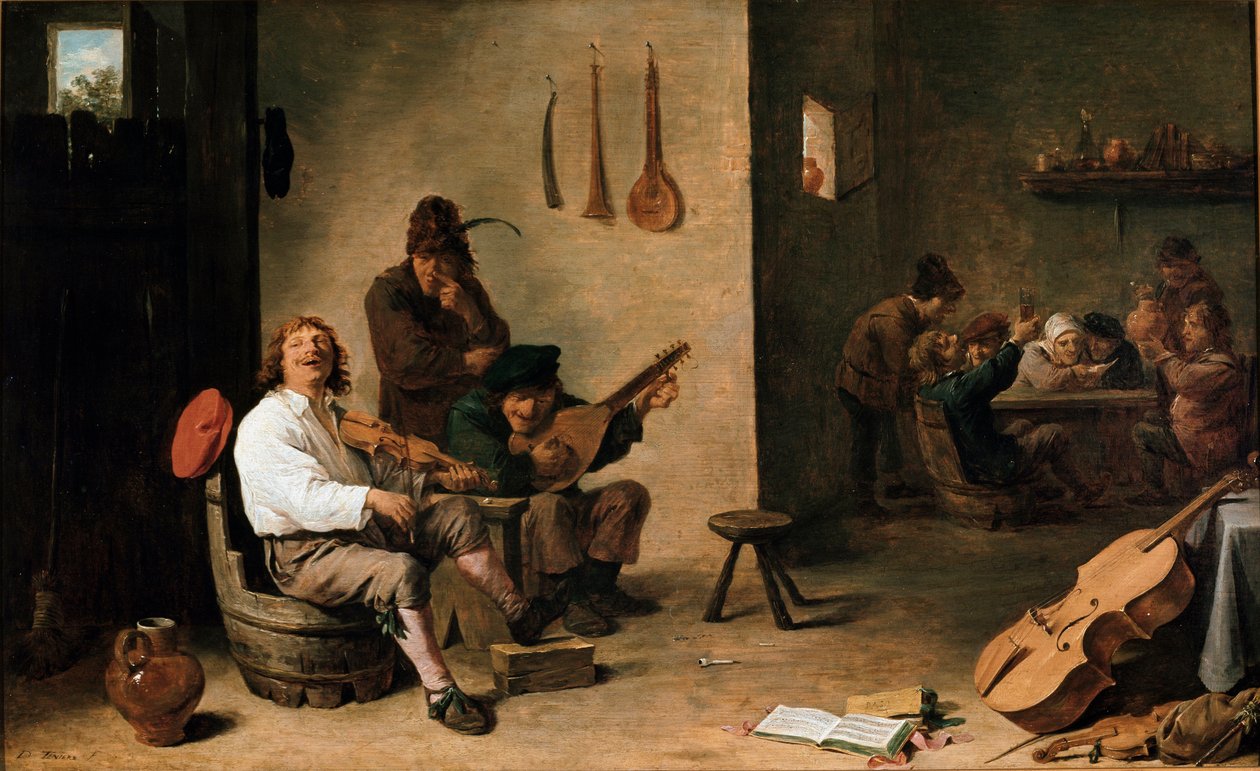 Musiker i en krog Målning av David Teniers den unge (1610-1690) 1600-talets Turin, Galleria Sabauda Italien av David Teniers the Younger