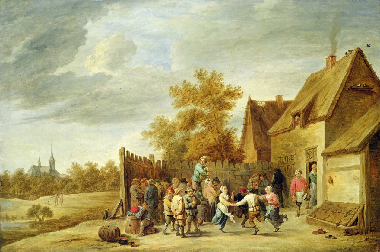 Bönder som dansar utanför ett värdshus (olja på duk) av David Teniers the Younger
