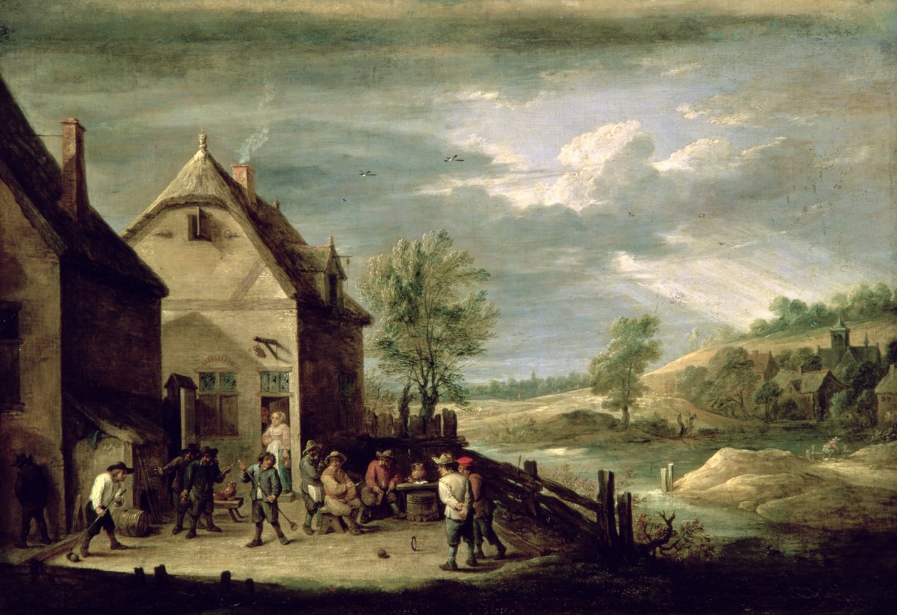 Bönder som spelar boule (olja på duk) av David Teniers the Younger