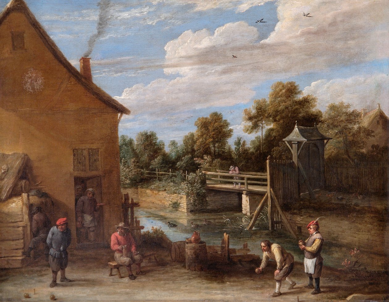 Bönder som spelar skålar framför ett värdshus vid en flod (olja på duk) av David Teniers the Younger