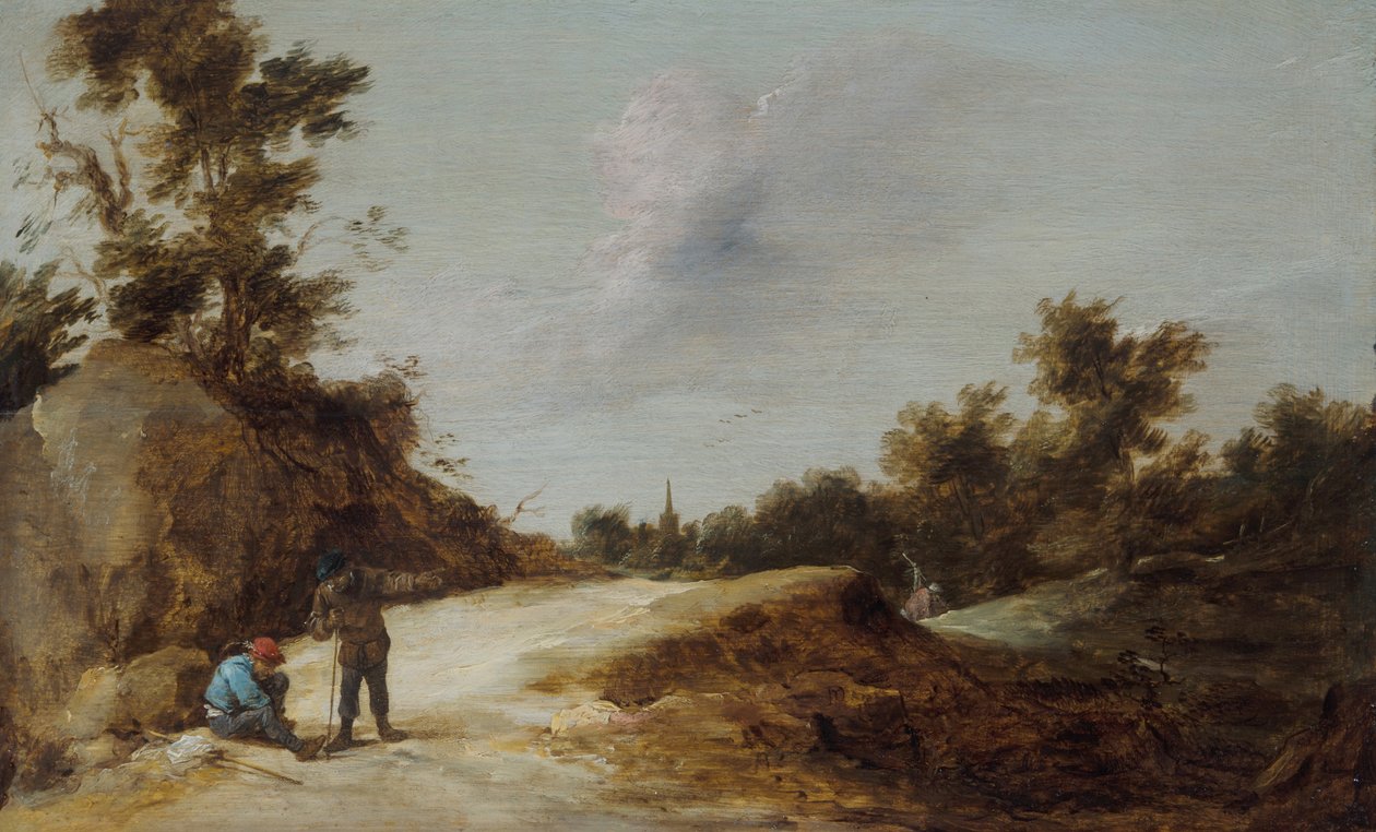 Bönder vilar på en stig i ett stenigt skogslandskap av David Teniers the Younger